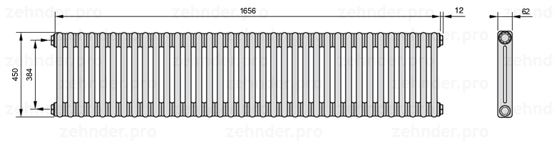 Схема (чертеж) Радиатор Zehnder Charleston 2045/36 №1270 Белый глянцевый RAL 9016